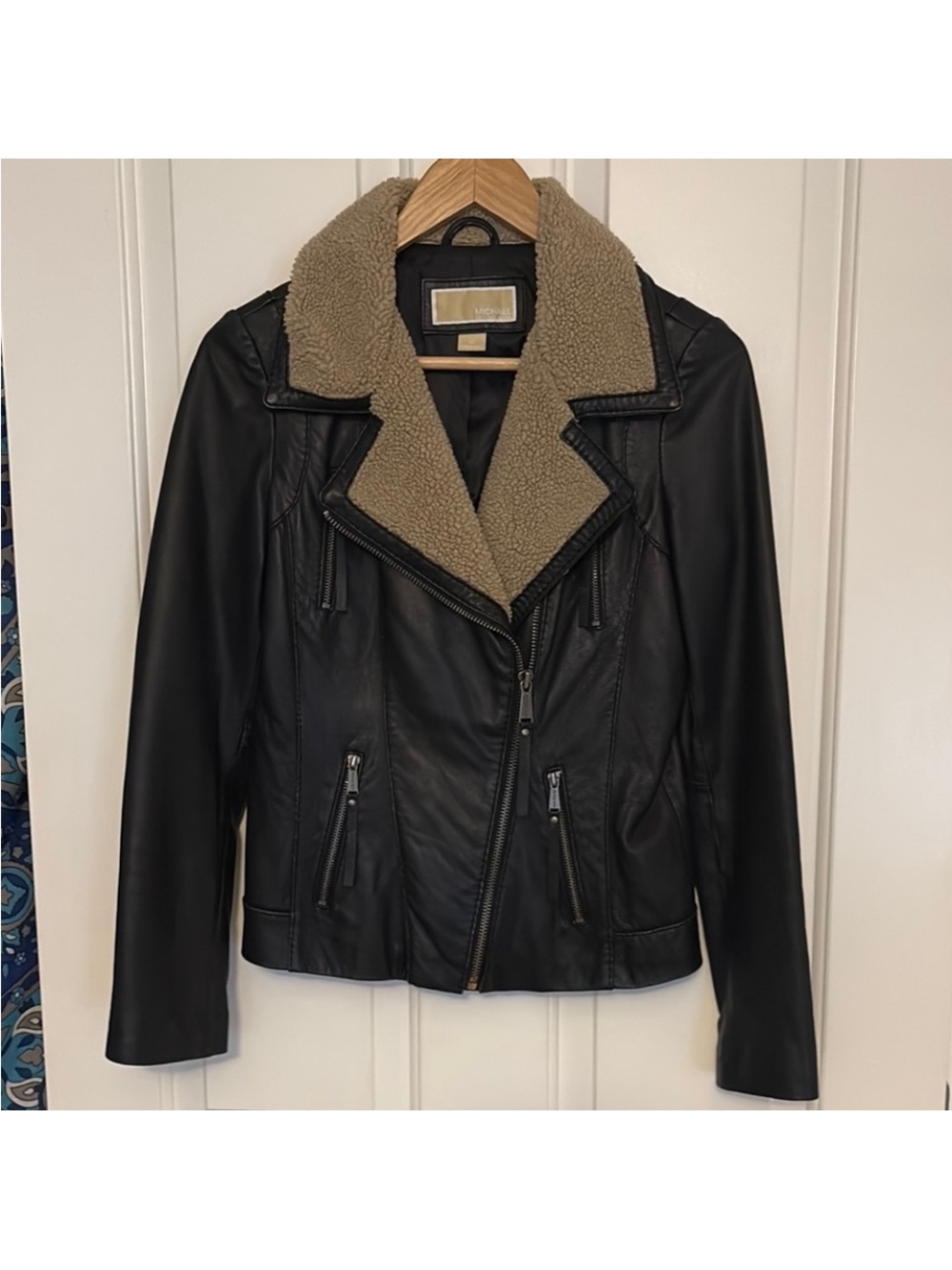 Michael Kors Black Faux Leather Biker Jacket with Tan Sherpa Collar